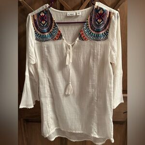 Women's Ivory Embroidered Gauze Top